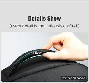 Black backpack with reinforced handle stitching and textured fabric