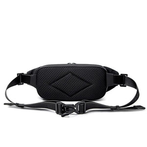 Black crossbody bag with textured front panel, curved flap, and adjustable strap buckles.