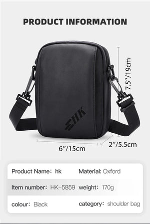 Black lightweight waterproof crossbody messenger bag with adjustable shoulder straps and top zip