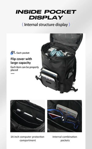 Black bag interior with flip-cover pocket and 14-inch computer protection compartment