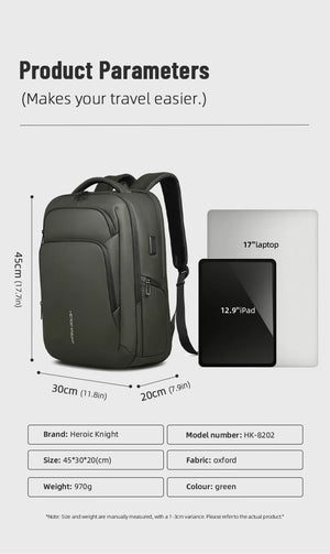 Green HEROIC KNIGHT HK8202 large travel backpack size and laptop capacity shown