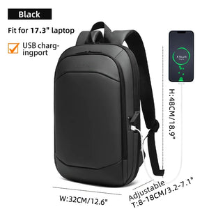 Black backpack with front panel, padded shoulder straps, and side USB charging port