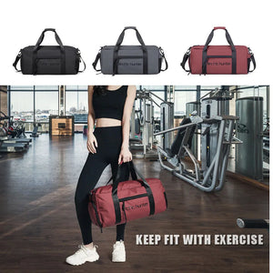 Waterproof duffel bag set showing grey, black, and red options with crossbody strap
