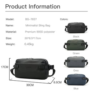 Minimalist sling bag size and color options diagram, with front and side views