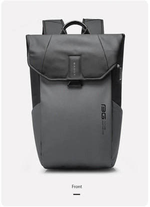 Grey roll-top waterproof travel backpack front view with side zip pocket