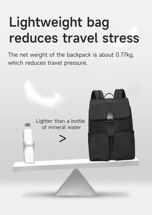 Black compact commuter backpack with two top handles and front buckle detail