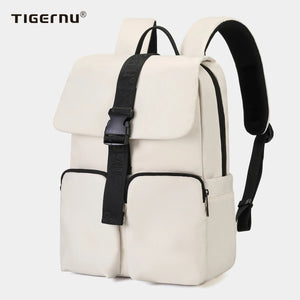 Beige TIGERNU commuter backpack with adjustable strap and front zip pocket
