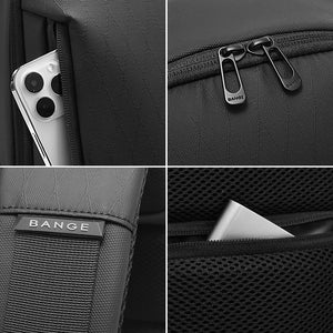 Close-up of sling bag zipper pulls and textured fabric in dark gray with BANGE label.