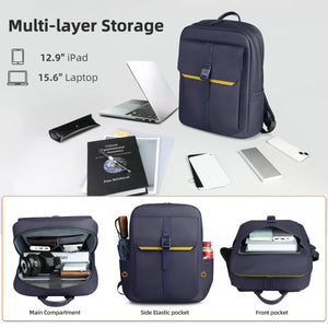Navy waterproof backpack with multi-layer compartments and side elastic storage
