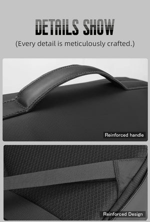 Black backpack handle close-up with reinforced carry design and textured fabric