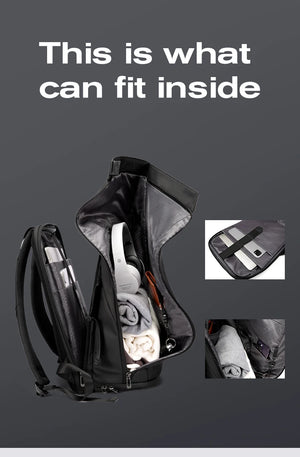 Black backpack opened to show interior compartments with bundled contents and organizers