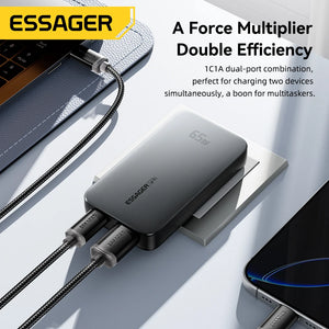 ESSAGER 65W Ultra Thin GaN Travel USB Charger with Quick Charge 4.0, PD3.0 - Black