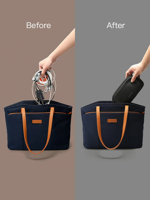 Two tech storage bag cases in a tote, shown before and after organizing