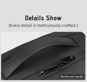 Close-up of black reinforced handle area with sturdy stitching and zipper hardware