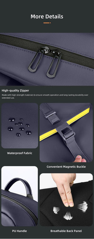 Waterproof commuter backpack details: high-quality zipper, magnetic buckle, breathable back panel