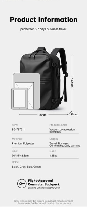 Black vacuum compression waterproof travel backpack with pump, front pocket and straps.