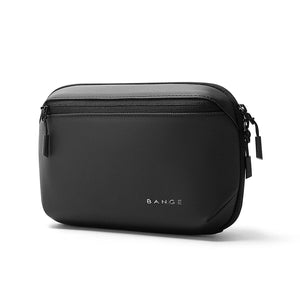Black waterproof tech storage bag with top zipper and side keychain loop