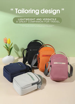 Lightweight compact crossbody bags in navy, orange, pink, and blue with straps