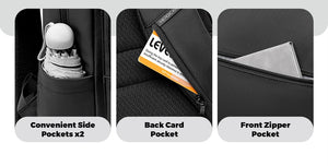 Black backpack with side slip pockets x2, back card pocket, and front zipper pocket