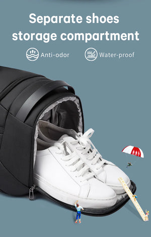 Black duffle bag with separate shoe storage and white sneakers inside