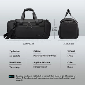 Black large duffle bag with two handles, shoulder strap, and side view