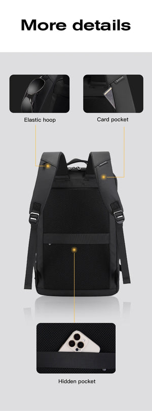 Black business backpack with front hidden pocket and elastic loop detail