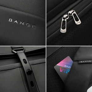 Black backpack detail with BANGE logo, zipper pulls, and reinforced front strap hardware.