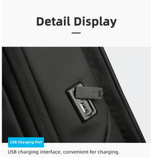 Black backpack pocket with built-in USB charging port interface on the side