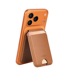 WiWU MagSafe wallet card holder with tracker slot, brown wallet on orange phone case