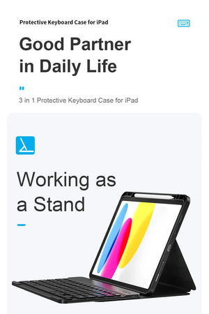 Protective iPad keyboard case working as a stand with attached keyboard, black