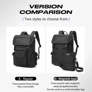 Black detachable messenger backpack comparison with regular and magnetic-style front pocket