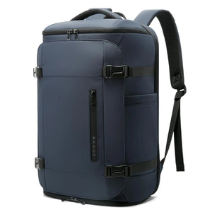 Blue backpack with vertical front zipper, belt buckles, and shoulder strap