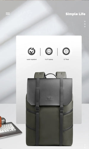 Green waterproof travel backpack with padded straps, top handle, and front zip compartments