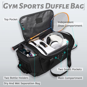 Black gym duffle bag open with main compartment, bottle holders, and dry/wet divider