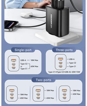 ESSAGER 65W GaN USB-C Charger with Quick Charge 4.0 and Power Delivery - Black