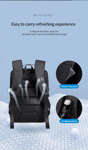 Black backpack with quick-access side pocket and sunglass hook detail