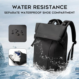 Black backpack with separate waterproof shoe compartment and water-resistant shell.