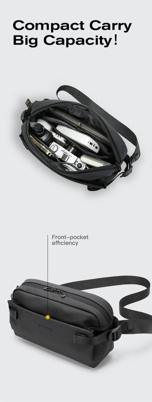 Compact crossbody bag with zipper opening and front pocket, shown from top and side