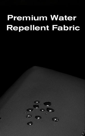 Water-repellent textured fabric with water droplets on dark bag surface