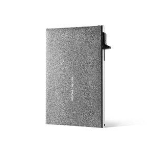 Silver aluminum pop-up RFID card holder side view with flip-out latch