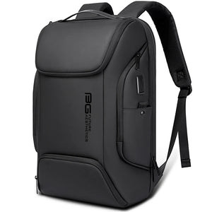 Grey waterproof travel backpack with front zip pocket and USB charging port