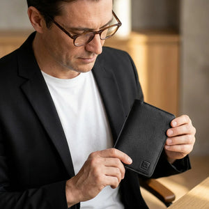 Black leather passport wallet held in hand, embossed logo on front