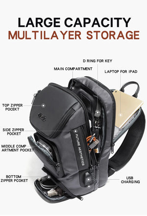 Black compact crossbody bag with multiple zip pockets and USB charging port.