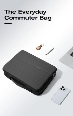 Black laptop sleeve with carry handle and streamlined shape; holds up to a laptop