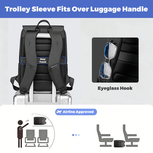 Black commuter backpack with trolley sleeve for luggage handle and eyeglass hook