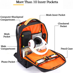 Waterproof travel backpack interior with orange lining and multiple zip compartments.