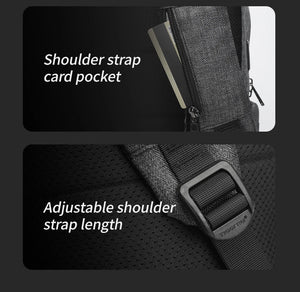 Grey backpack with shoulder strap card pocket and adjustable shoulder strap length