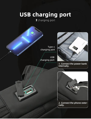 Black backpack featuring dual USB charging port with Type-C and USB connections