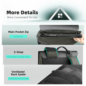 Green waterproof travel backpack with smooth top zipper, S-shaped shoulder straps