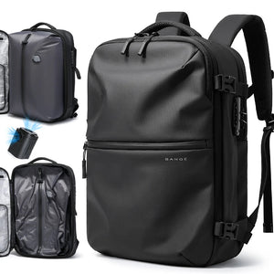 Black vacuum compression waterproof travel backpack with front zipper and adjustable straps